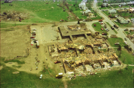 Aerial photograph of a damaged school