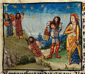 Folio 34r.: Alexander killing Nectanebus, his father, by throwing him into a ditch.