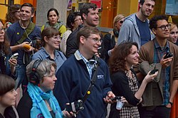 Audience members interviewing and recording one another during a live event at the 2013 MEGAPOLIS Audio Festival