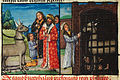 Folio 34v.: Bucephalus being presented to Philip; Bucephalus in a cage with the remains of condemned criminals, being tamed by Alexander.