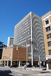 County City Building in downtown South Bend, Indiana. The building is 14 stories tall and houses the Office of the Mayor, as well as many other municipal and county offices.
