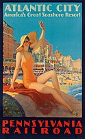 Travel poster Atlantic City, hotels along boardwalk and beach