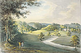 "Eggesford, Seat of Hon. Newton Fellowes", viewed from NW, watercolour by Rev. John Swete dated 1797. Devon Record Office 564M/F11/111