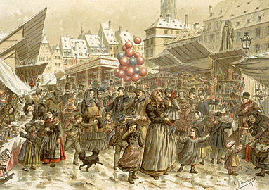 Depiction of the Christmas market on the Place Kléber in Strasbourg, France, 1859