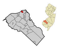 Location of National Park in Gloucester County highlighted in red (left). Inset map: Location of Gloucester County in New Jersey highlighted in orange (right).