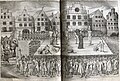 Exécution des chefs du mouvement anabaptiste après la révolte de Münster, dont Jean de Leyde. Gravure sur cuivre d'Hermann von Kerstenbroich intitulée : « La frénésie des anabaptistes que Münster, la célèbre capitale de Westphalie, réduisit à néant. »