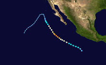 A map of the path of a hurricane off the Pacific coast of Mexico. It parallels the coast for much of its existence, moving in a generally northwestward direction that gradually gains a more northward component as it goes on. After the system degenerates into a remnant low, it moves westward for a short time before switchinf to a southwestward heading, which it maintains until dissipation.