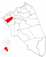 Moorestown Township highlighted in Burlington County. Inset map: Burlington County highlighted in New Jersey.