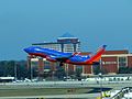 A Southwest Airlines Boeing 737-700 taking off from Atlanta.