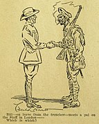'Bill – on leave from the trenches – meets a pal on the Staff in London — Which is which?' (from Humorosities, published in The Lone Hand, 1 February 1917).