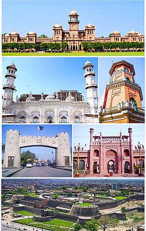 Clockwise from top: Islamia College University, Cunningham Clock Tower, Sunehri Mosque, Bala Hissar, Bab-e-Khyber, Mahabat Khan Mosque