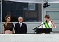 President Rousseff delivers a speech to the people on the parlatorium (speaker's platform) of the Planalto Palace. Beside her are Vice President Temer and his wife Marcela.