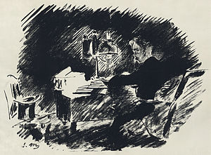 Illustration by Édouard Manet for a French translation by Stéphane Mallarmé of Edgar Allan Poe's "The Raven". Part 1 of 4 full page plates (two smaller illustrations at beginning and end omitted).