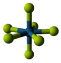 Ball and stick drawing showing central rhenium with a fluorine directly above and below and then an equatorial belt of 5 surrounding fluorines.