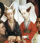 Rogier van der Weyden, Seven Sacraments Altarpiece, detail, 1445–1450, Koninklijk Museum voor Schone Kunsten, Antwerp. This formal, group work shows high-ranking women dressed in the contemporary fashion of high—here divided—hennin and v shaped neck-lines.