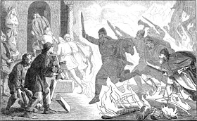 Hrólfr Kraki bondit par-dessus les flammes (dessin de Lorenz Frølich, 1856).