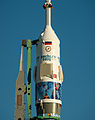 Close-up view of Soyuz capsule adorned with the Sochi Olympics logo