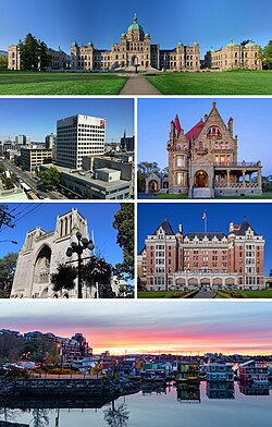 From the top, left to right: the British Columbia Parliament Buildings; Downtown Victoria; Craigdarroch Castle; Christ Church Cathedral; the Empress Hotel; and the Float Home Village at Fisherman's Wharf