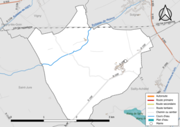 Carte en couleur présentant le réseau hydrographique de la commune