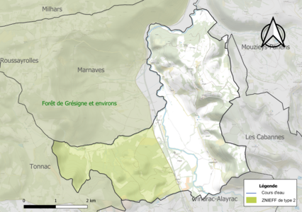 Carte de la ZNIEFF de type 2 sur la commune.