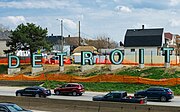 Detroit Sign, photographed shortly after being installed in advance of the draft
