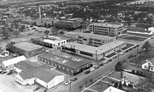 Aerial photograph of buildings on a college campus