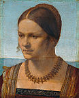 Portrait of a Young Venetian Woman, 1506, oil on poplar, 28.5 × 21.5 cm, Gemäldegalerie, Berlin (557G). The abstract background suggests the sea
