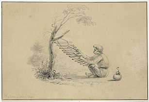 An illustration of a Baduy man playing a calung by Jannes Theodorus Bik, c. 1816–1846.
