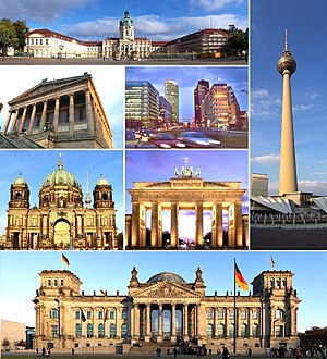 왼쪽 위에서부터: 샤를로텐부르크성; 베를린 텔레비전탑; 베를린 구 국립미술관; 포츠담 광장; 베를리너 돔; 브란덴부르크 문; 그리고 국가의회 의사당