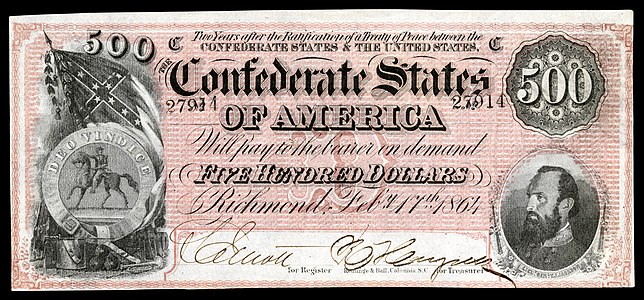 Five-hundred Confederate States dollar (T64), by Keatinge & Ball