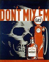 An illustration in black, red and white showing a skull on the left, small bottle of liquor in the center and old-fashioned gasoline pump on the right with the caption «Don’t Mix 'Em» on top.