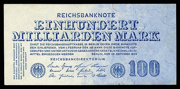 One-hundred-billion Mark at German Papiermark, by the Reichsbankdirektorium Berlin