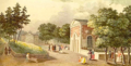 Vers 1830, l'ancienne orangerie à droite (à gauche le petit labyrinthe)