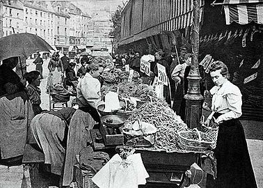 Le marché en bas de la rue Mouffetard, en 1896, partie devenue rue de Bazeilles en 1897.