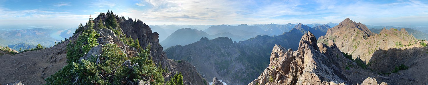 View from near the summit of Mount Ellinor in the Olympic National Forest of Washington. showing Mount Washington, Puget Sound, and various other landmarks.