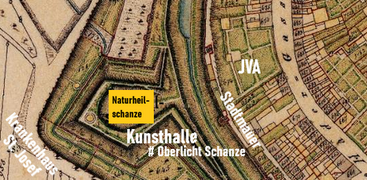 Urkataster (19. Jahrhundert). Einstige Naturheilschanze mit Lage der Kunsthalle und Lichtraupe (Oberlicht des freigelegten Abschnitts der Schanze)