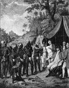 Depiction of treaty negotiations between Black Caribs and British authorities on the Caribbean island of Saint Vincent in 1773 (1910)