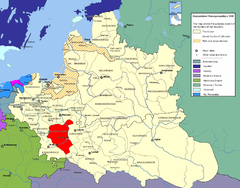 Mapa mostrando a localização da voivodia de Sandomierz (em vermelho) na República das Duas Nações.