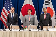 左から米国のアントニー・ブリンケン国務長官、日本の林芳正外相、朴（2022年9月22日）