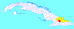 Urbano Noris municipality (red) within Holguín Province (yellow) and Cuba