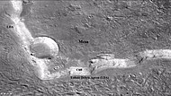 Wide view of mesa with CTX showing cliff face and location of lobate debris apron (LDA). Location is Ismenius Lacus quadrangle.