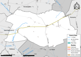 Carte en couleur présentant le réseau hydrographique de la commune