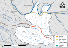 Carte en couleur présentant le réseau hydrographique de la commune