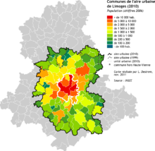 carte figurant l'aire urbaine de Limoges et ses diverses communes