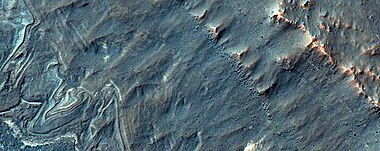 Close-up of layers on floor of Noctis Labyrinthus, as seen by HiRISE under HiWish program. This is an enlargement from the center of the previous picture.