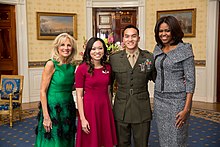 First Lady Michelle Obama and Dr. Jill Biden greet Kathy Pham