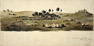 Sketch of a homestead, surrounded by group of trees, on a hilly plain