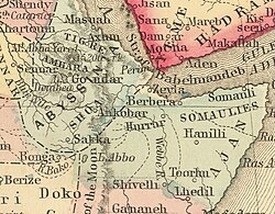The Emirate of Harar confined by Somali in the east and Abyssinia in the west c. 1860