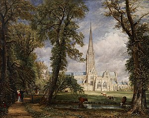 《從主教花園望見的索爾茲伯里座堂 》（Salisbury Cathedral from the Bishop's Grounds ），1825年，為了感謝索爾茲伯里主教約翰·費希爾委託創作了這幅索爾茲伯里座堂的風景畫，康斯特勃在左下角畫了主教和他的妻子，紐約弗里克收藏館。