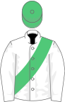 White, emerald green sash, emerald green cap
